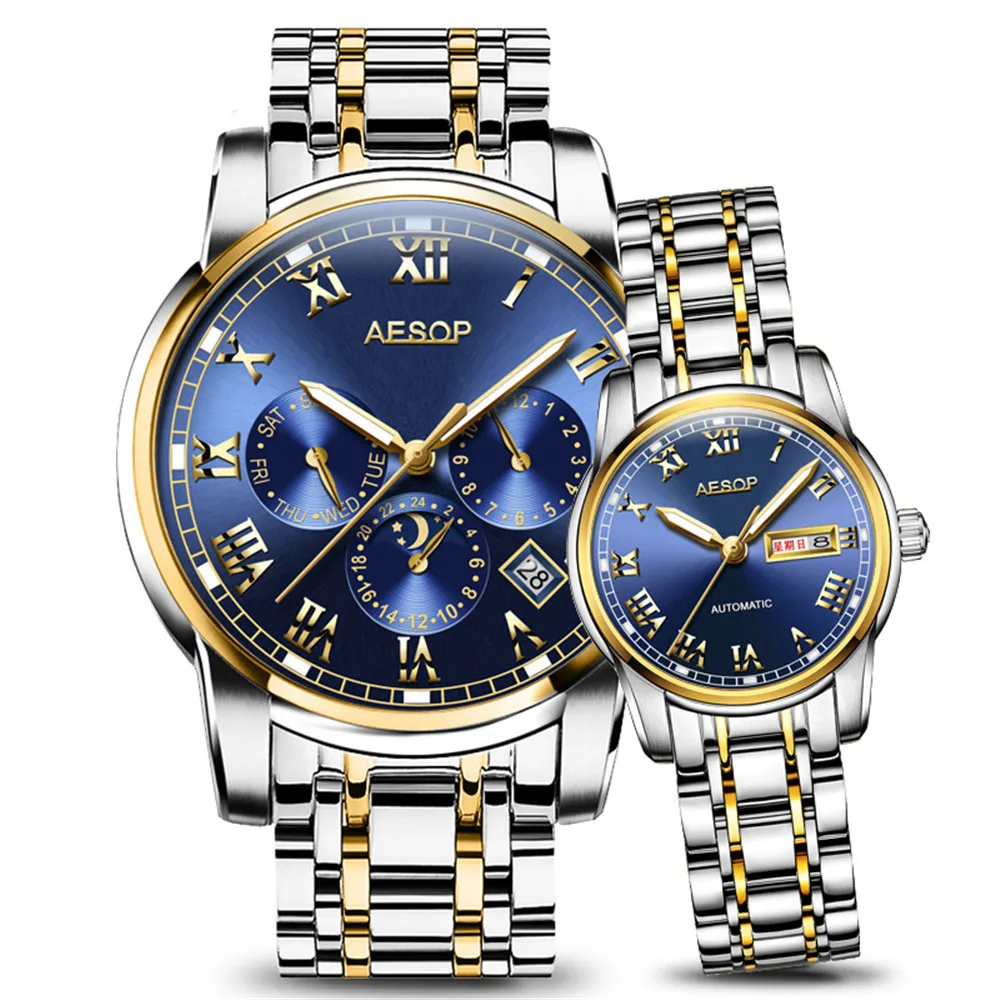 AESOP Luxury Couple Golden Fashion Stainless Steel Lovers Watch Automatic Mechanical Wrist Watches for Women & Men Wristwatch