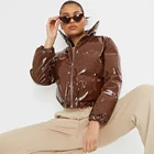 Зимняя блестящая куртка-пуховик Y2K из искусственной кожи для женщин и девочек, теплое плотное пузырьковое пальто, Яркая кожаная парка, Укороченный пуховик на молнии, уличная одежда