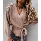 Женский свитер с длинным рукавом, сексуальные однотонные трикотажные пуловеры с V-образным вырезом, бантом и жемчужинами, кардиган, женский свитер раньше #40