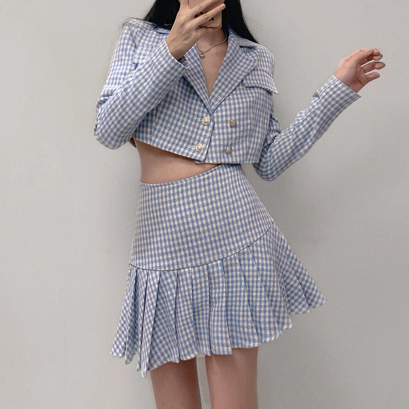 IAMHOTTY Fashion Elegant Women Suits Office Sets Pleated Skirt Casual Uniform Korean Mini And Blazer Suit | Женская одежда