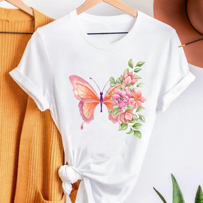 

Женская футболка с коротким рукавом, цветочным принтом и круглым вырезом