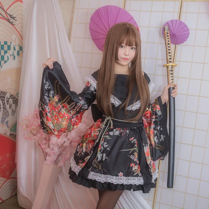 Black Lovelive/кимоно для девочек; платье японского аниме Kawaii; маскарадные костюмы с цветочным рисунком; причудливая Восточная юката; женская кружевная праздничная одежда в стиле Лолиты - Цвет: Black