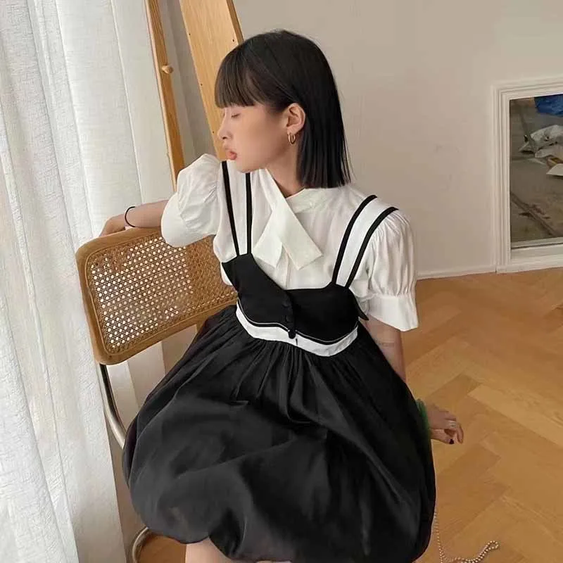 

GALCAUR Loose Two Piece Set For Women V Neck Puff Short Sleeve Shirts Black V Neck Sleeveless Mini Dresses Casual Set Female New