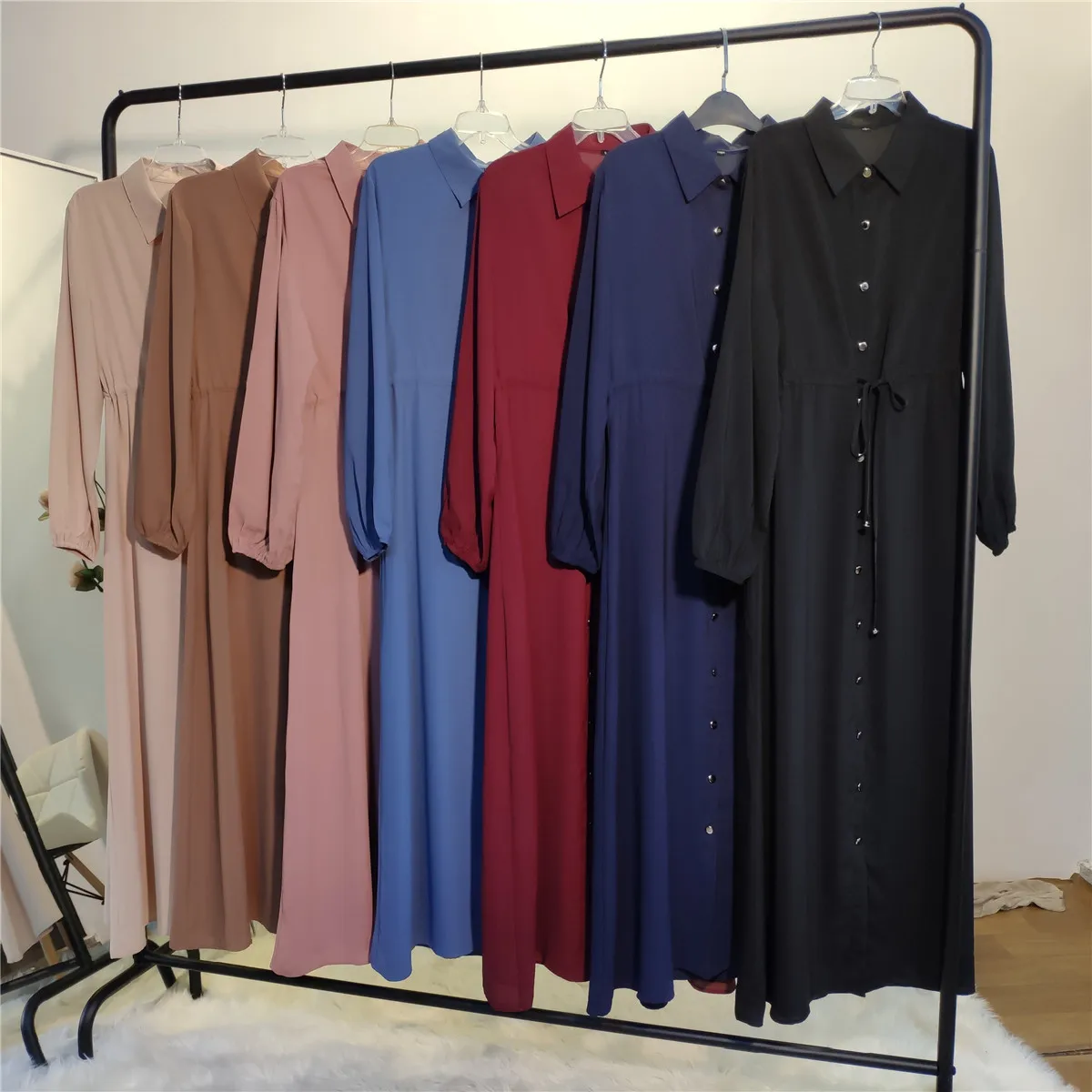 

Muslim Dress Muslim Fashion Middle East Eid Duabi Abaya Turkey Robe Lapel Solid Color All Button Slim Dress Long Dress Donsignet