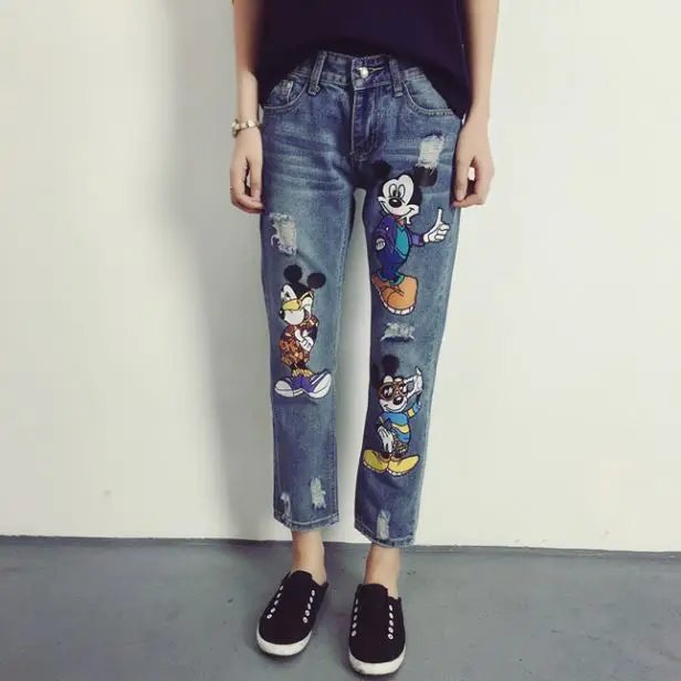 Женские джинсы корейские женские весна лето новые Мультяшные свободные Bf