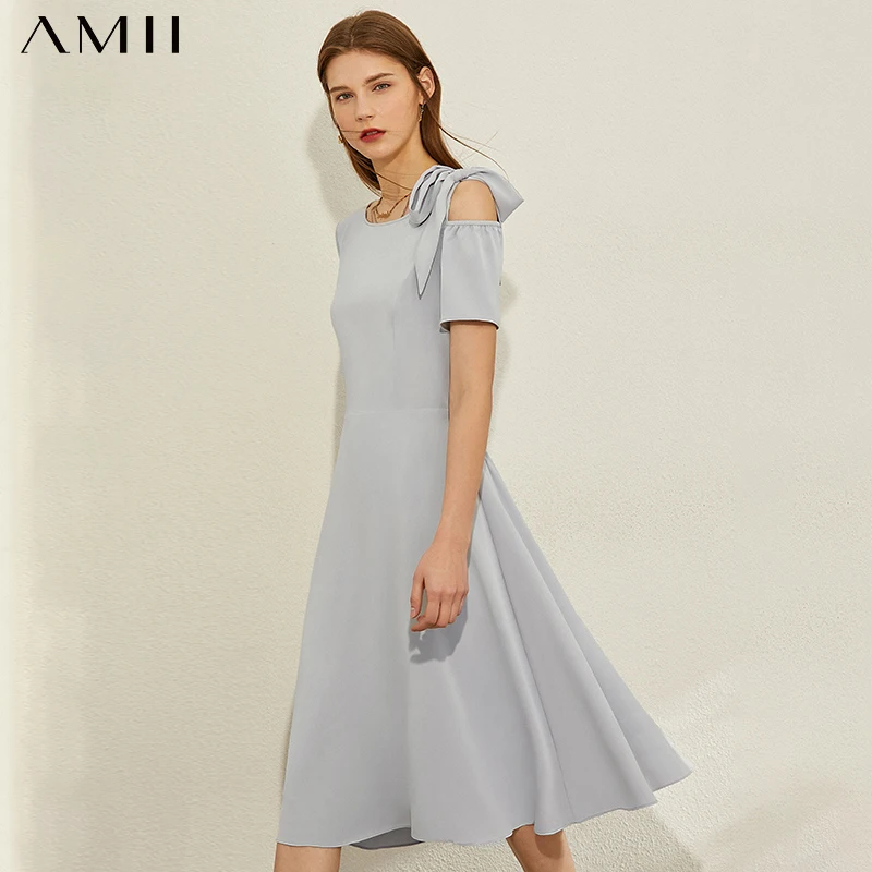 

AMII Minimalism Spring Summer Causal Solid Bow Shoulder straps Women Dress Fashion High Waist Knee-length Female Dress 12070271