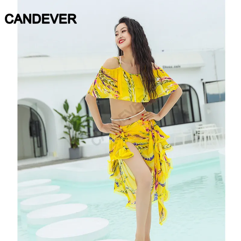 Набор костюма для танца живота желтый топ с принтом перьев юбка разрезом