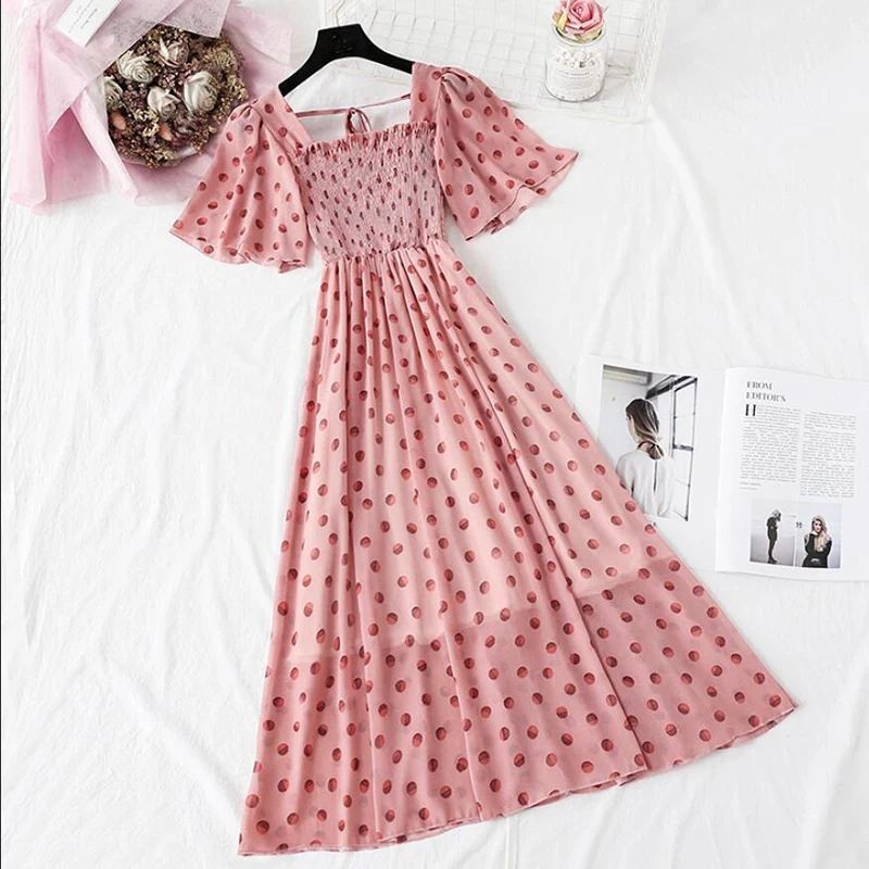 

2020 Summer Polka Dot Print Chiffon Dress Sweet Short sleeve Ruffle Midi Dress Women Bohemia Elegant Pink Party Vestidos
