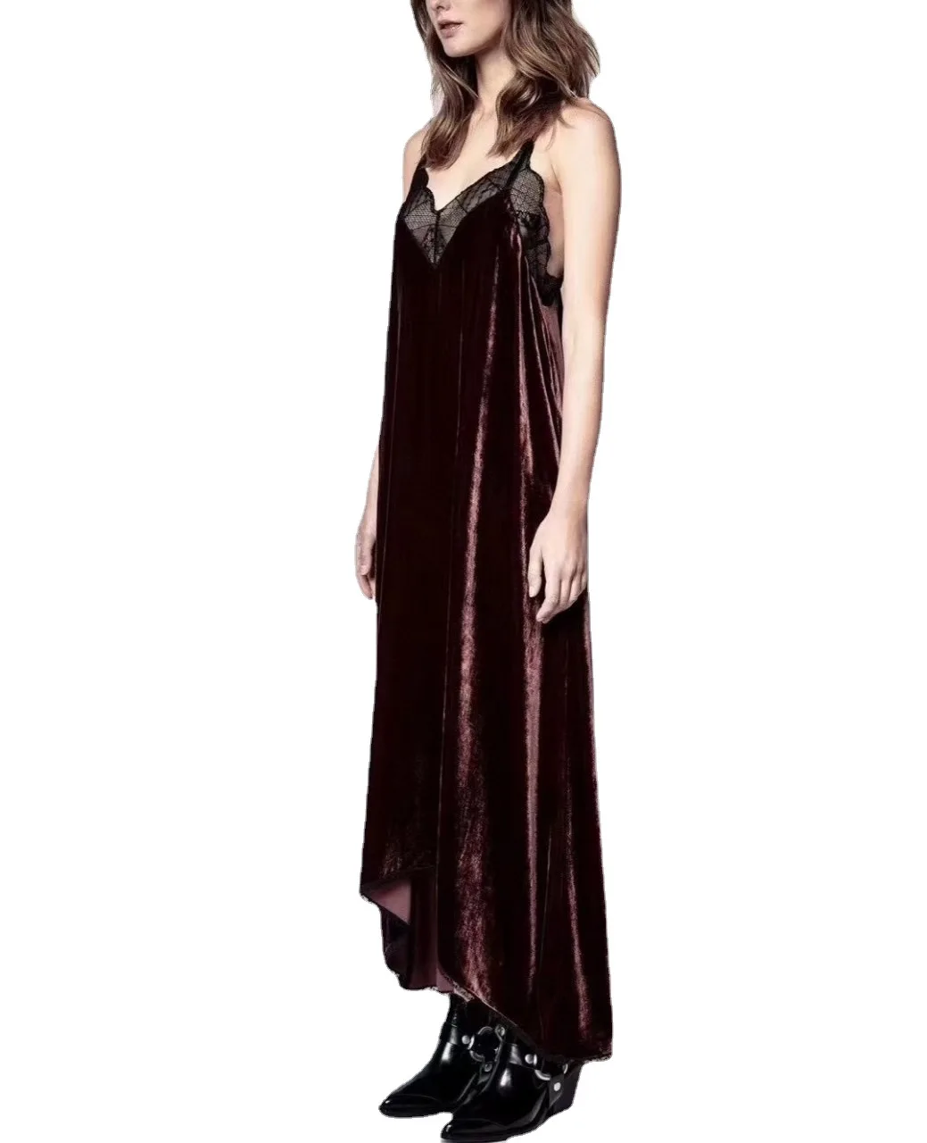 

Women Dress 2021 Summer New Style Velvet Lace Trim Classic Strap Dress