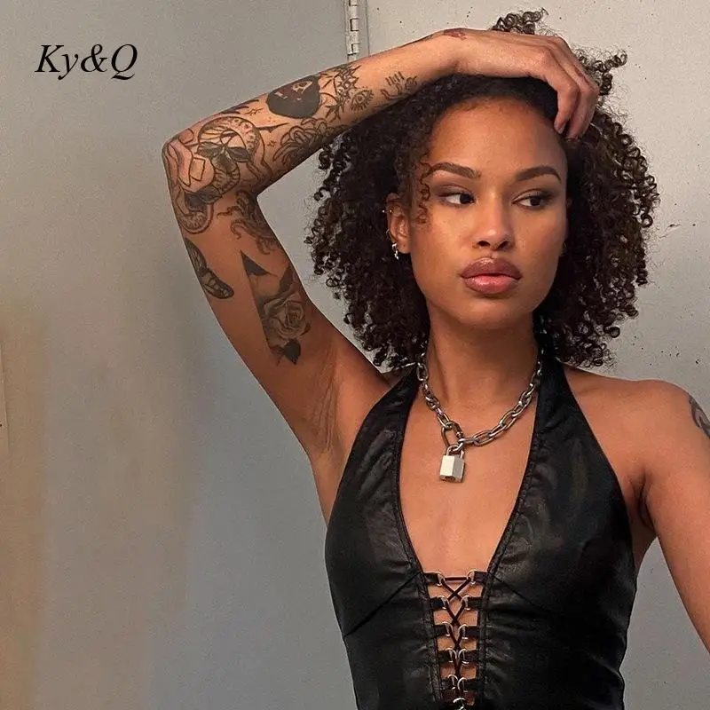 

Fashion Sexy Bandage Hollow Out Vest Backless Crop Tops Women Exposed Navel Slim Tank Top Solid Color Hanging Neck Short Vest
