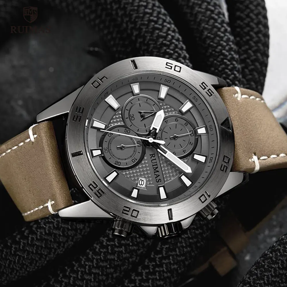 Мужские кварцевые часы RUIMAS с серым циферблатом роскошные Брендовые Часы