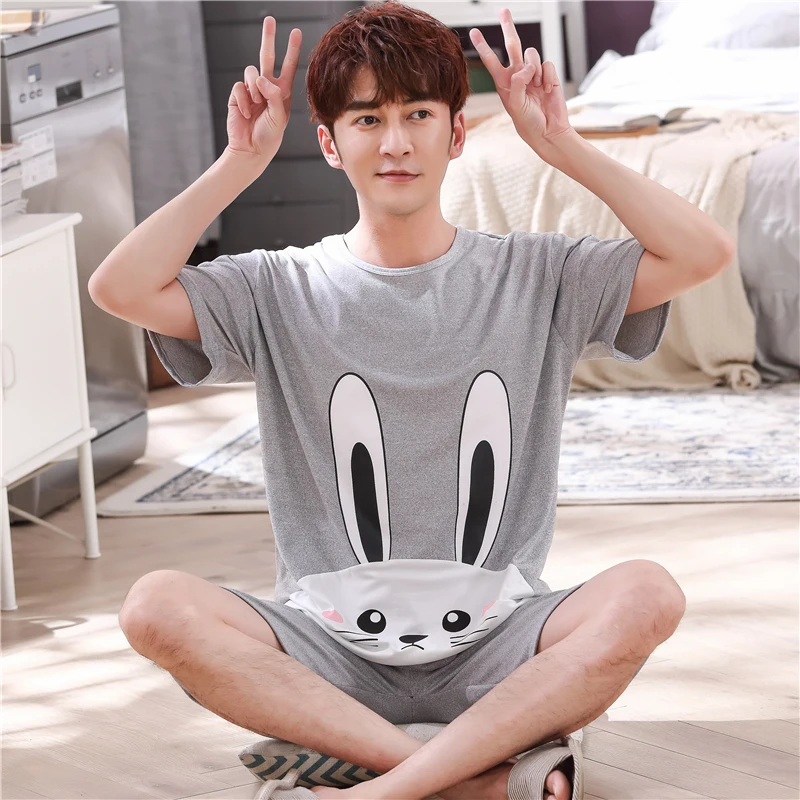 Пижамный комплект Мужской Хлопковый милая мультяшная летняя тонкая свободная