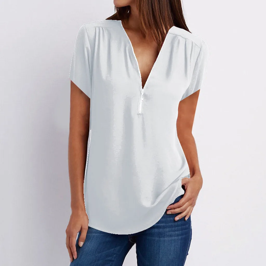Summer White Black Blouse Woman Fashion Zipper V Neck Casual Shirts Solid Color Female Lady Blouses Tops Tunic Dropshipping 1
