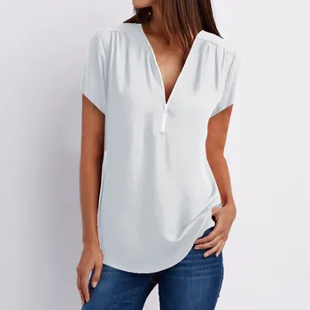 Summer White Black Blouse Woman Fashion Zipper V Neck Casual Shirts Solid Color Female Lady Blouses Tops Tunic Dropshipping 1