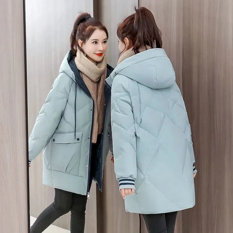 Down Padded Jacket Women Mid-length 2021 Winter New Korean Of The Small Padded Coat Female Loose Thick Hooded Quilted JacketA303