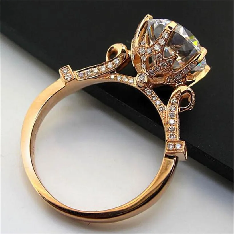

Real Solid 100% 925 Sterling Silver Lotus flower Rings for Women Luxury Wedding 6ct Diamond Ring 18k rose gold Jewelry