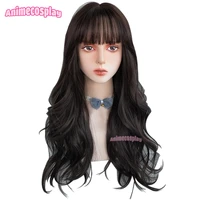 animecosplay 65cm black lolita wigs women long curly fashion synthetic wave cosplay hair with flat bangs heat resistant