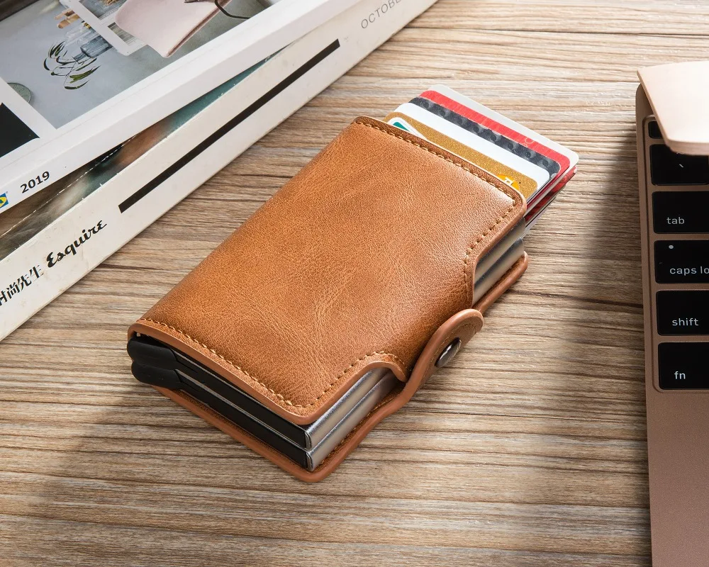 Bycobecy держатель для карт, кошелек, RFID Блокировка, двойная металлическая коробка, кредитная карта, алюминиевый кожаный чехол для визиток, кошелек, кошелек
