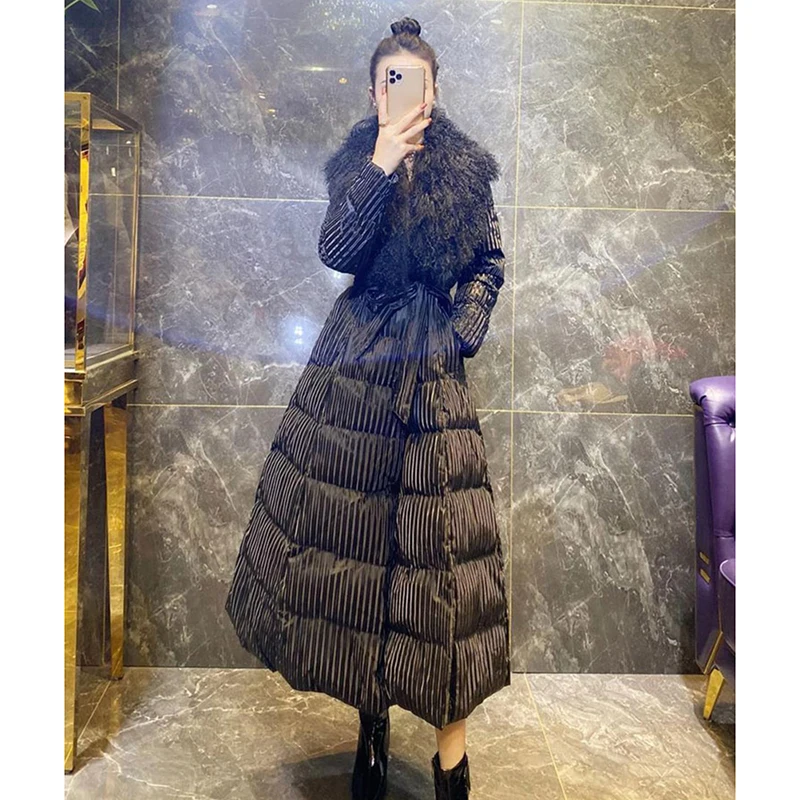 

White Duck Down Jacket Women Winter Big Fur Collar Feather Down Coat Thick Warm Long Female Overcoat Belt Loose Puffer Jackets