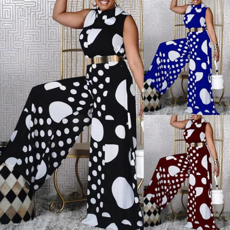 

2021 Fashion Dot Print Sleeveless Jumpsuit New Elegant Off Shoulder Wide Leg Rompers Women Casual Summer Sexy Overalls Playsuits