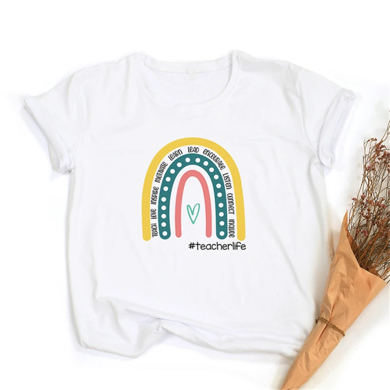 

Teach Love Rainbow Print Women T-shirt Teacher Life Short Sleeve Harajuku Aesthetic Female Graphic Clothes 29527