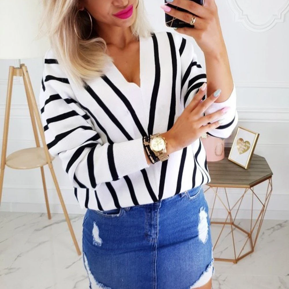 Повседневный свитер в полоску с v-образным вырезом женский джемпер длинным