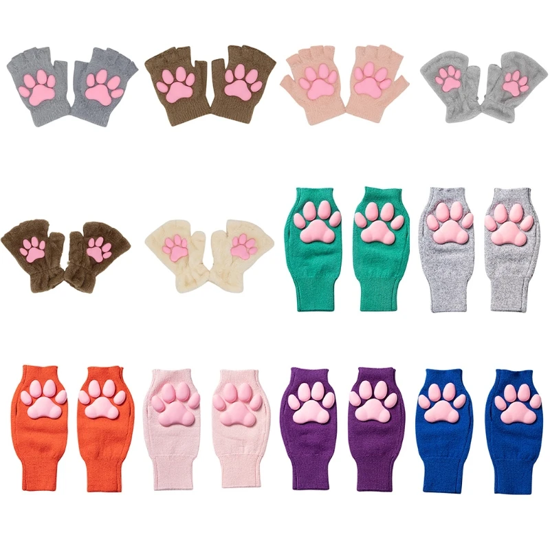 

Silicone 3D Cat Claw Pad Mittens Plush Kitten Paw Gloves Halloween Cat Cosplay Mitten Knitted Lolita Hand Sleeve