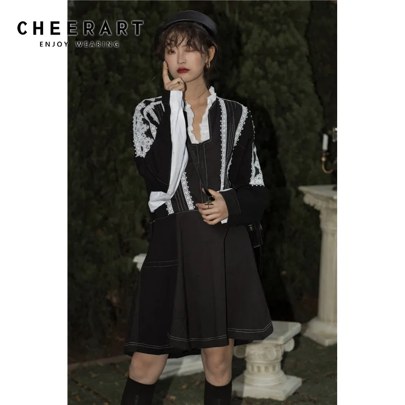 Дизайнерское подиумное платье CHEERART черное лоскутное белое кружевное винтажное