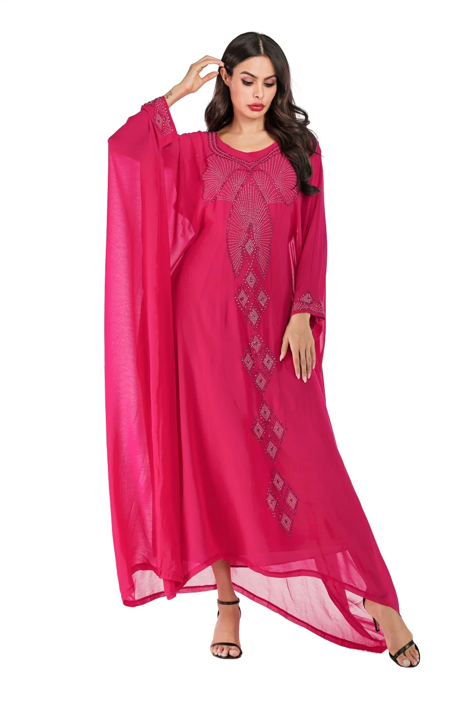 Siskakia Vintage Ethnic Abaya Dress Fashion Batwing Sleeve O Neck Hot Fix Rhinestone Dressing Gowns Rose Red Plus Size for Women