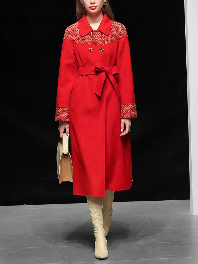 2020 Spring Fashion New Style Elegant Long Sleeve Red Patchwork Turn Down Collar Woolen Coat Vintage Sash Trench | Женская одежда