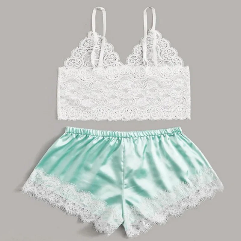 Water blue Sale Floral Lace Cami Top With Satin Shorts Lingerie Set Women Summer Sexy Sets Ladies Bra And Panty Sleepwear Pajama suit - Цвет: Water blue