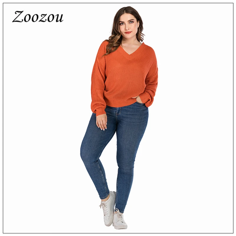

Женский свитер с V-образным вырезом, большие размеры 4XL, оранжевый пуловер с длинным рукавом, повседневная одежда с завязками сзади, топы на о...