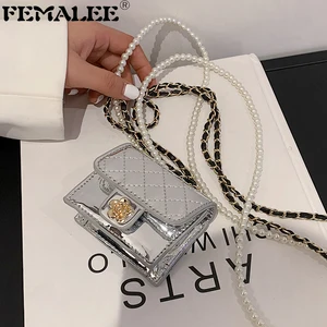 Luxury Mini Patent Leather Bag Women Hanging Neck Camellia Bags Rhombus Earphone/Lipstick/Keys bag Pearls Chain Chest Waist Pack