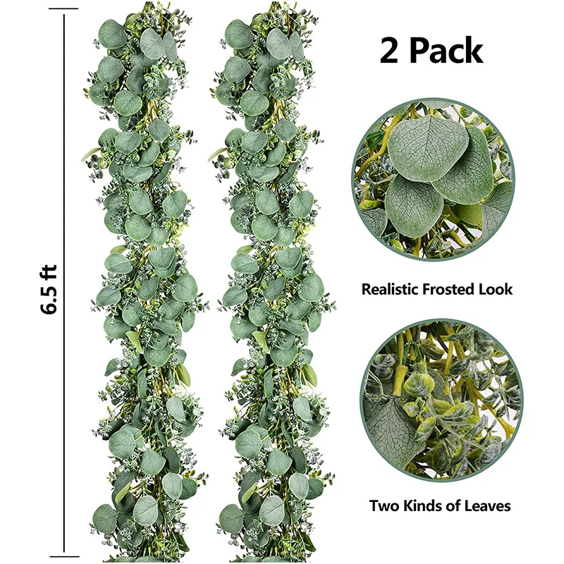 

Artificial Eucalyptus Leaves Garland, 6.5Ft Fake Greenery Frosted Vine for Wedding Table Runner Mantel Home Decor