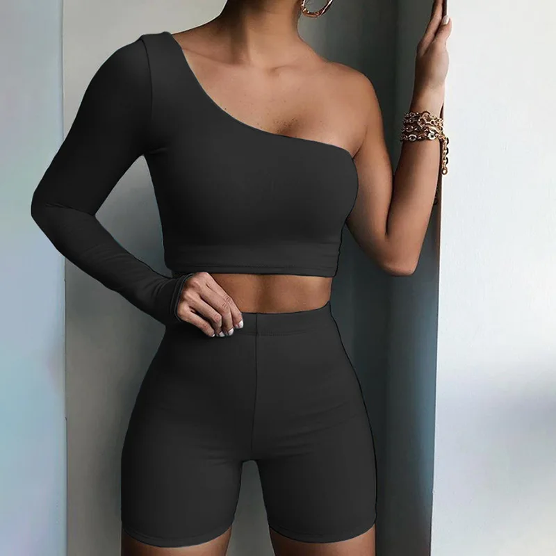 

Women Tracksuit Two Piece Set Sexy One Shoulder Casual Shorts Outfit Solid 2021 Fashion Street Slim Stretch Streetwear