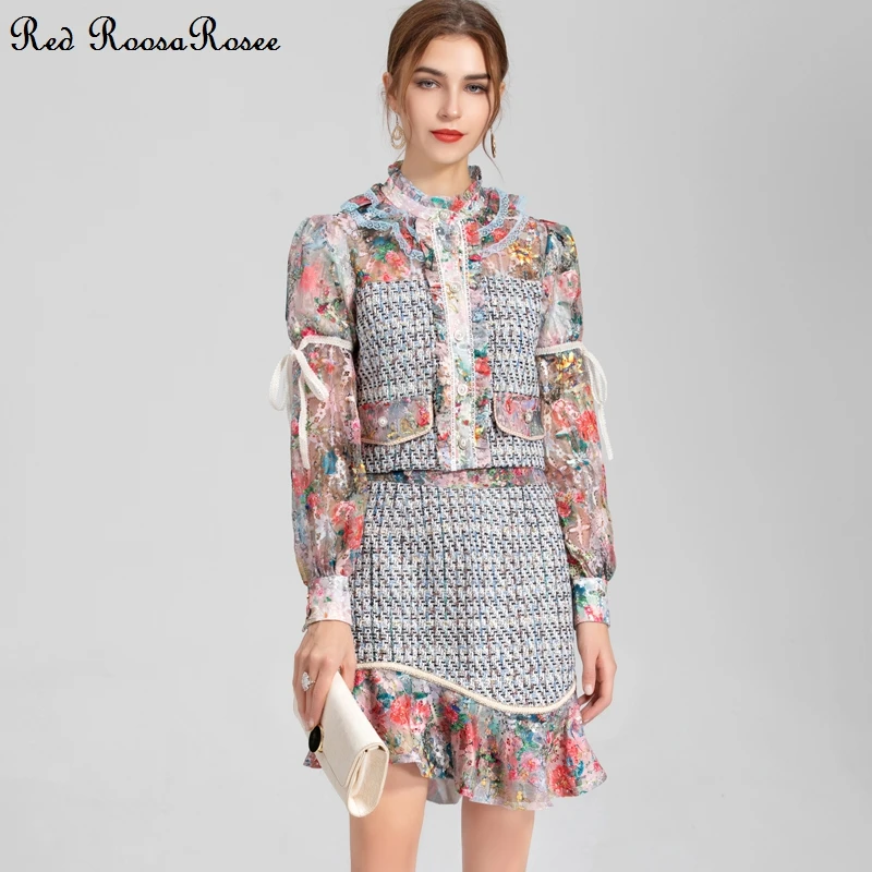 

Red RoosaRosee Fashion Autumn Women O-neck Collar Print Lantern Sleeve Tweed Patchwork Blouse Irregular Skirt New Twinset Suits