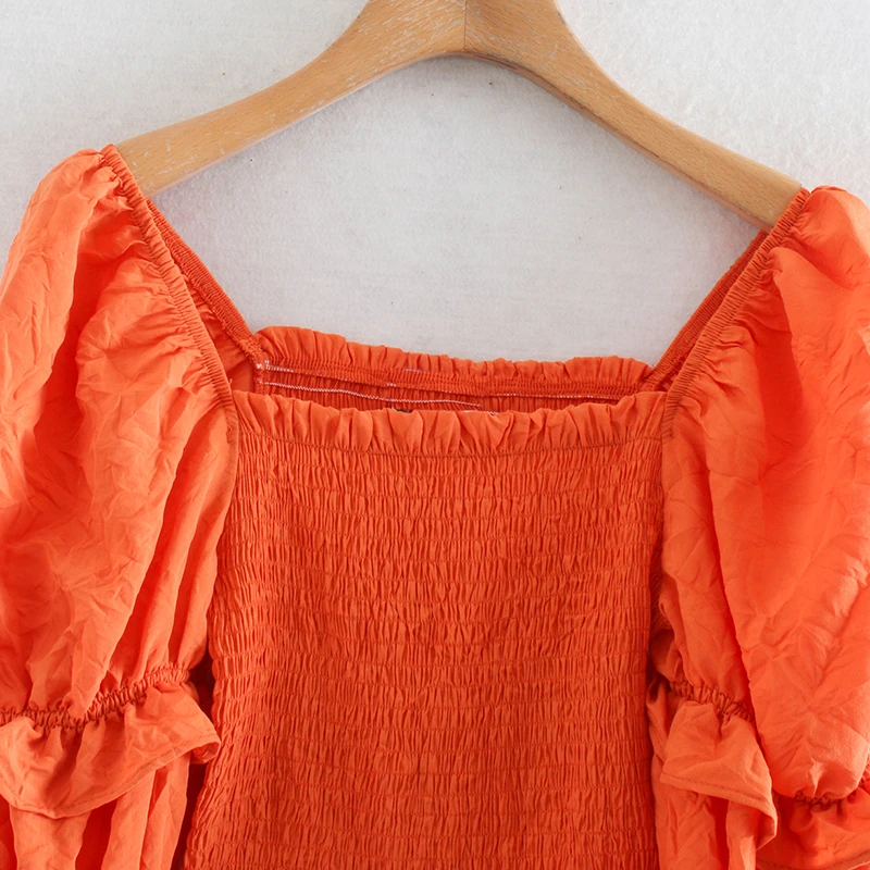 

Women Vintage Stylish Solid Short Style Blouses Causal Long Sleeve Orange Elastic Female Shirts Chic Crop Tops New Summer 2020