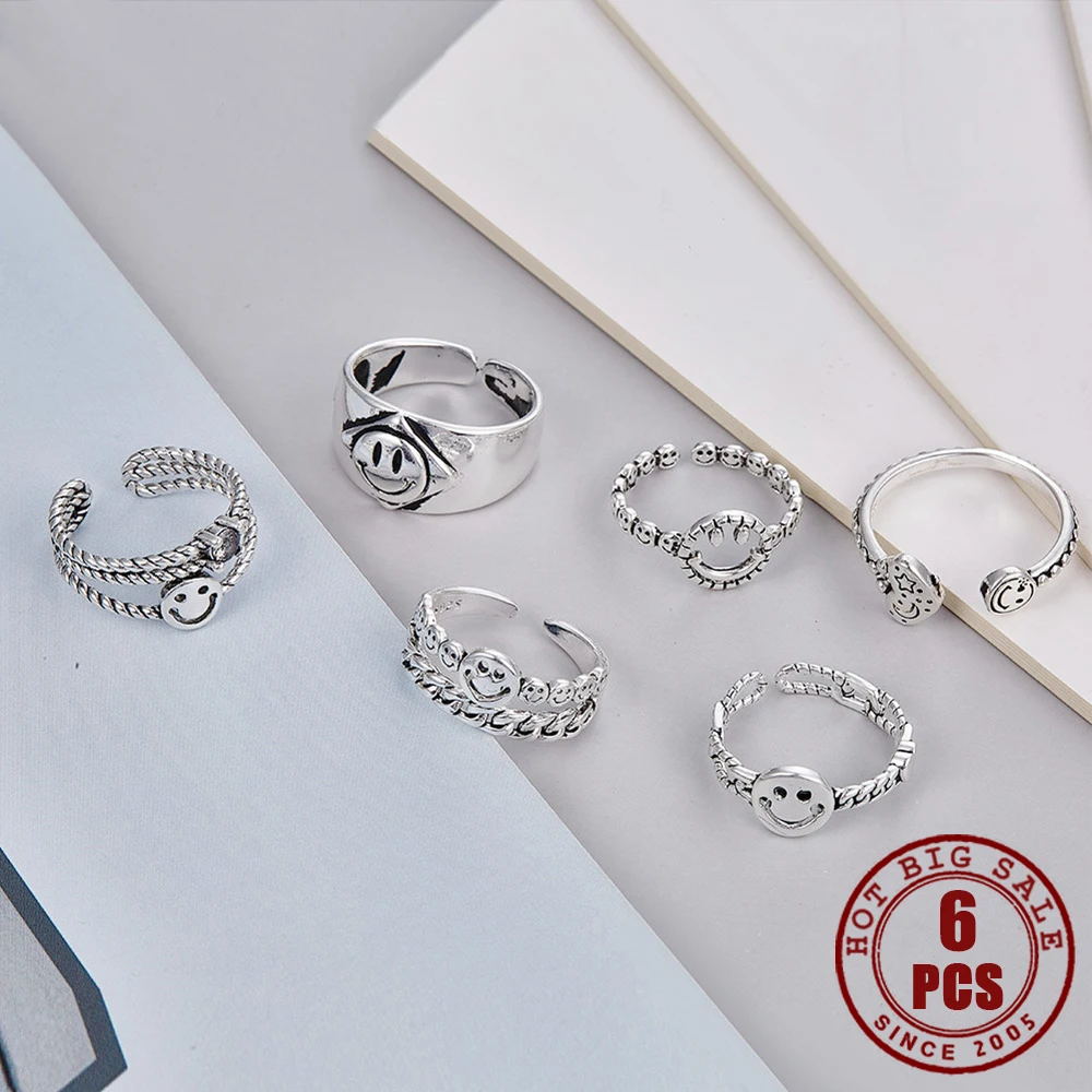 Кольца серебряные регулируемые женские в форме сердца 6 шт. | Украшения и