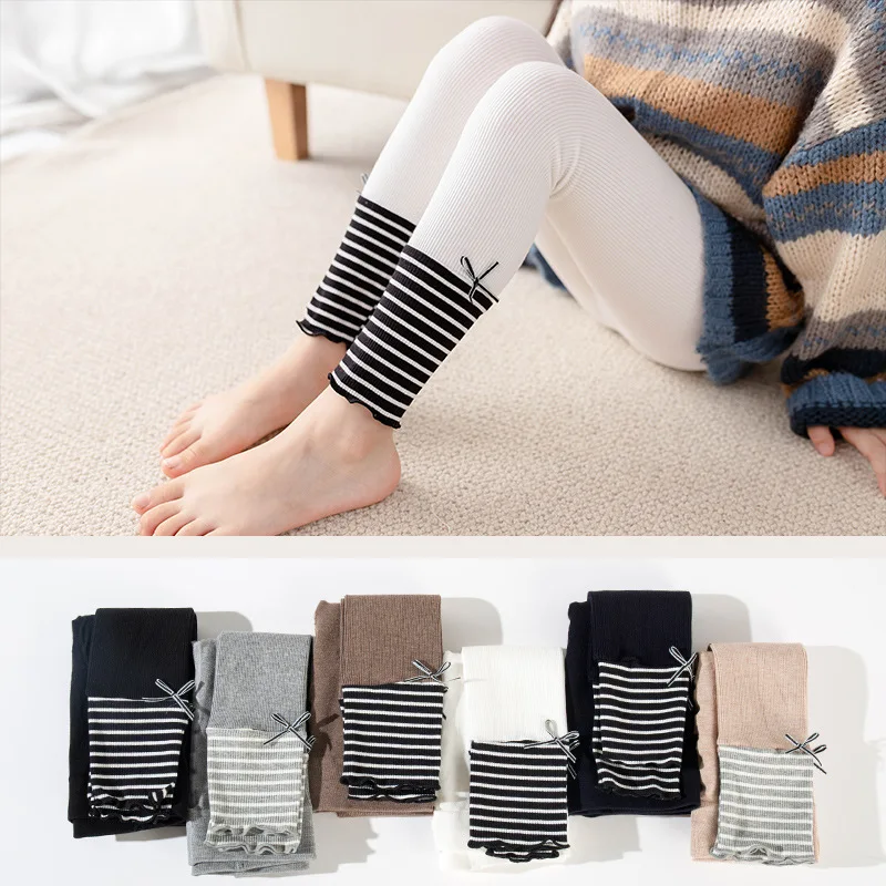 

kids autumn bottoming pant girls casual horizontal striped stitching leggings outerwear children girl nine-point stockings 3-12Y