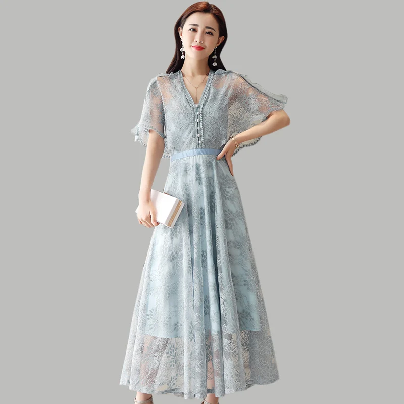 

Lace dress women 2020 Summer new temperament vintage Long dress Solid color V-Neck Butterfly Sleeve Ankle-Length dress women