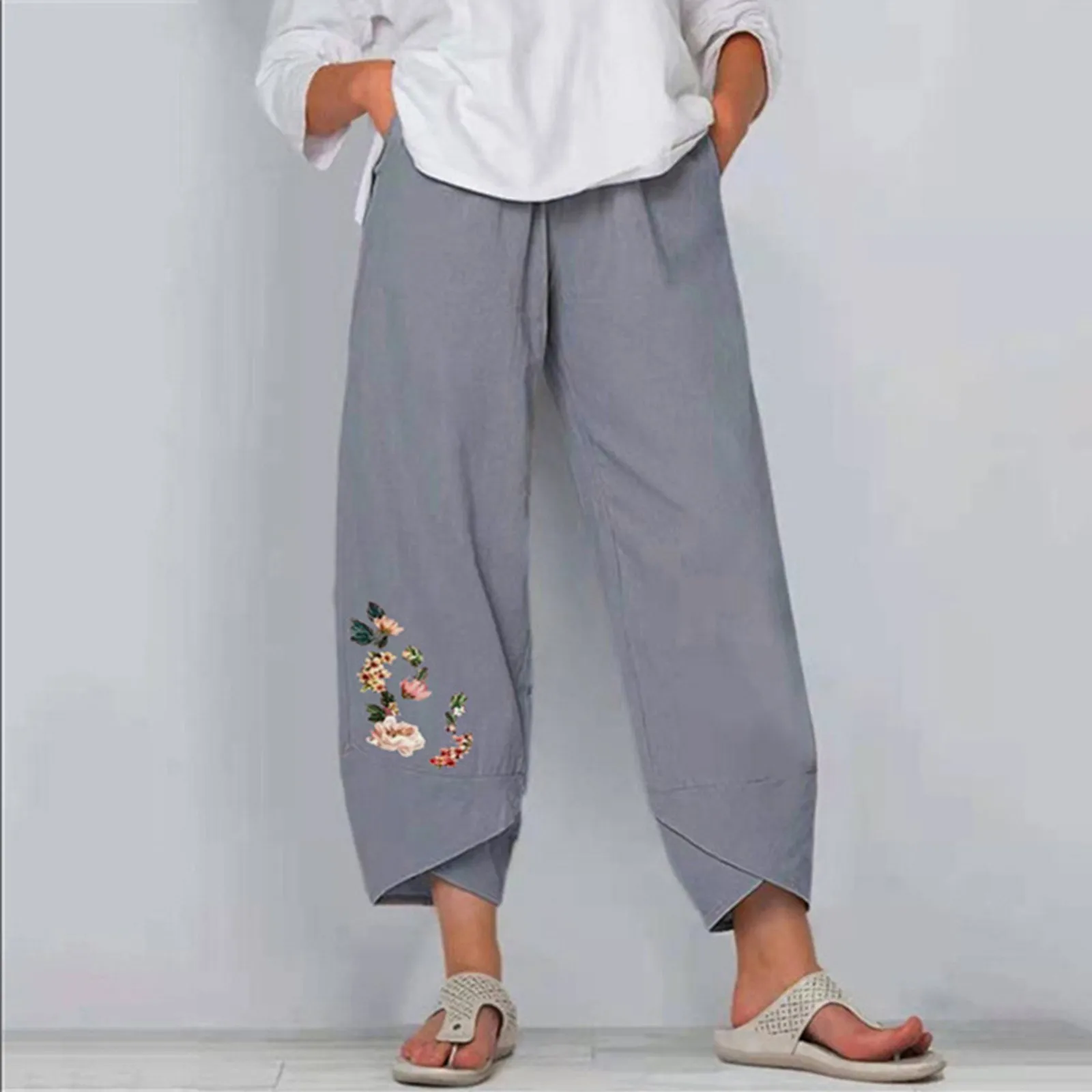 

Women Clothing Pant Lady Casual Harajuku Flowers Print Elastic Girdle Waist Wide Leg Pants Trousers Oversize Pants Joggers Women