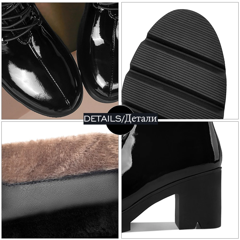 

ISNOM Women Genuine Leather Ankle Boots Side Zip Skid Proof Round Toe Chunky High Heel Cross Tied Warm Short Plush Winter Boots