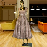 square neck long sleeve prom dresses with belt 2021 puffy a line glitter sequin tea length party gowns