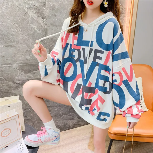 

Letters Printed Clothes Loose Hoodie Women Hooded Sweatshirt 2021 Autumn Winter Pullover Preppy Velvet Thick Long Sleeve Hoodies
