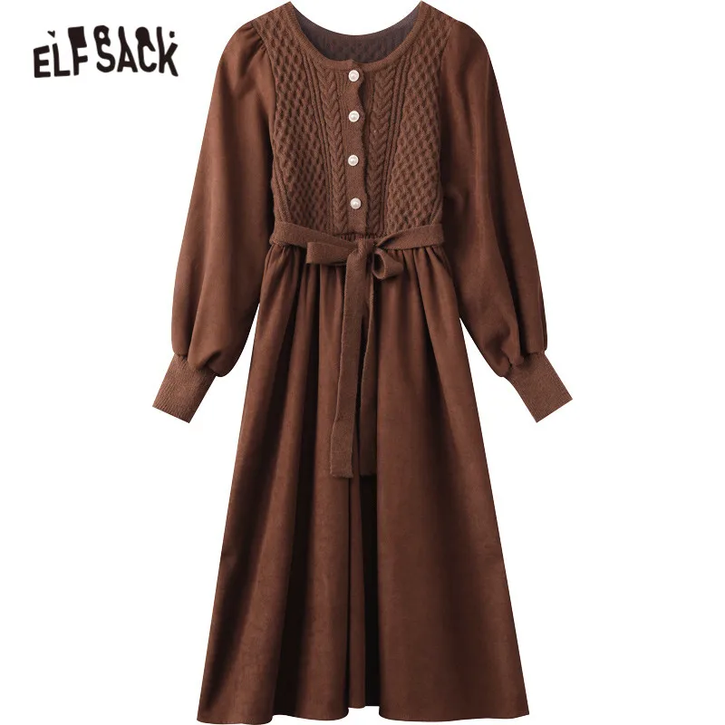 

ELFSACK Solid Pure Chic Pearls Button Casual Women Vintage Midi Dress,2021 Winter ELF ELegant Lantern Sleeve Female Party Dress