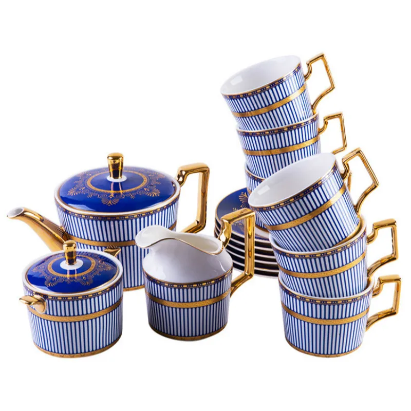 

European Blue Coffee Cup Set Simple Luxury English Afternoon Tea Set Light Luxury Home Embossed Gold Tea Cup Set