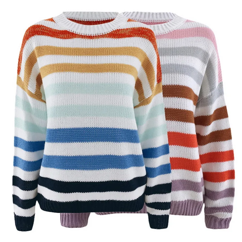 Женский вязаный свитер Модный Полосатый Контрастный ЦВЕТНОЙ Повседневный