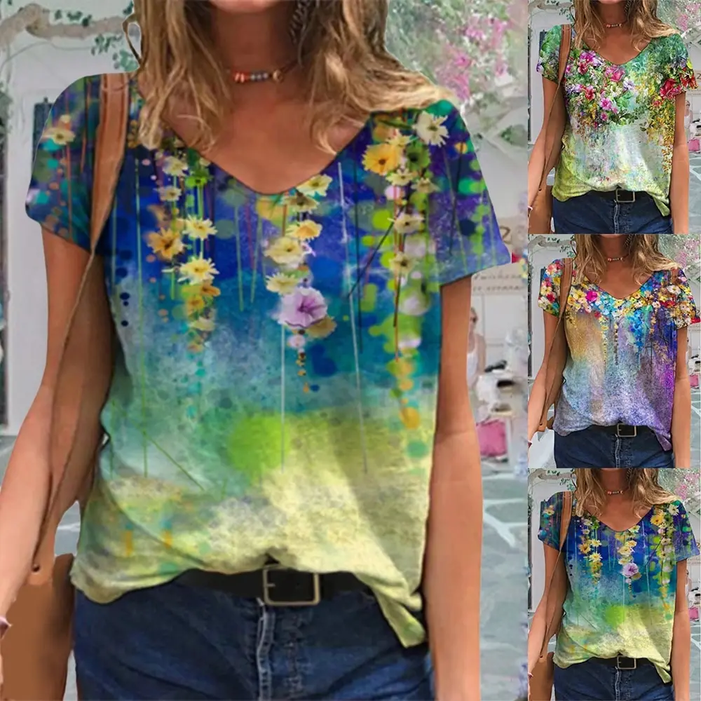 Tie Dye 3D Floral Print Women T Shirts Casual Short Sleeve Loose Plus Size Tops Fashion Street Ladies V-Neck Summer Tee 2021 New