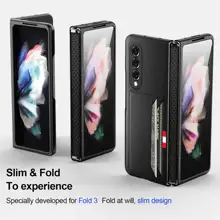Full Protection Soft TPU Phone Case for Samsung Galaxy Z Fold 3 5G Leather Lychee Pattern Card Slots Hinge Protector Hard Cover