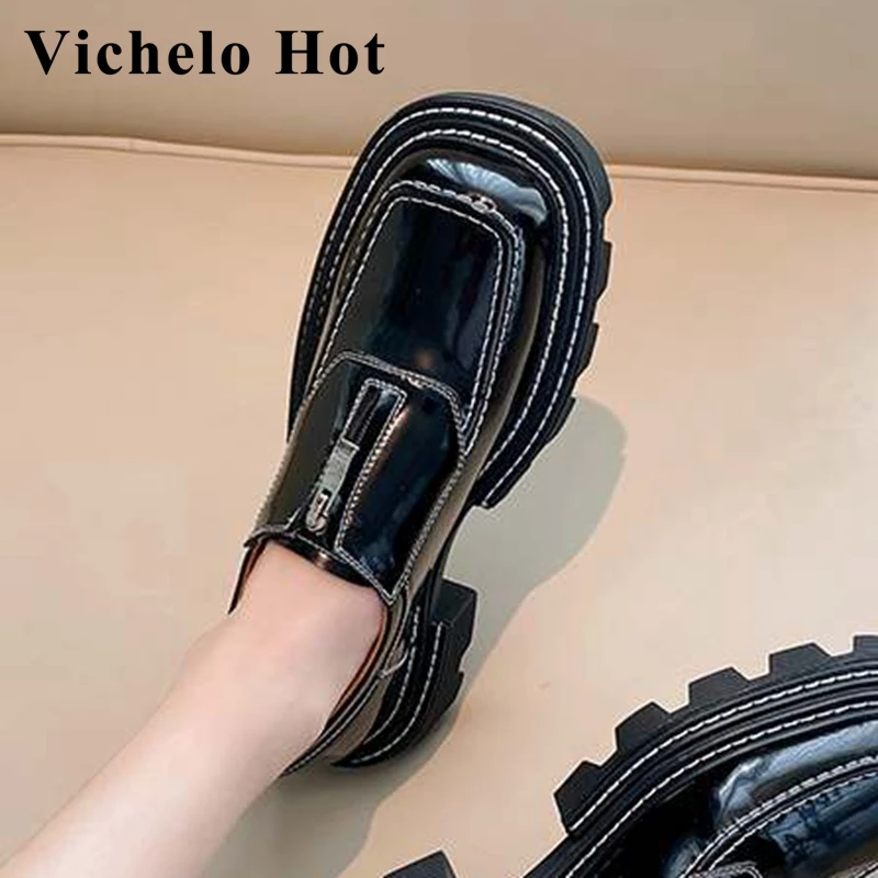 

Женские туфли-лодочки Vichelo, коричневые водонепроницаемые туфли из воловьей кожи на среднем каблуке, на молнии спереди, с квадратным носком, ...